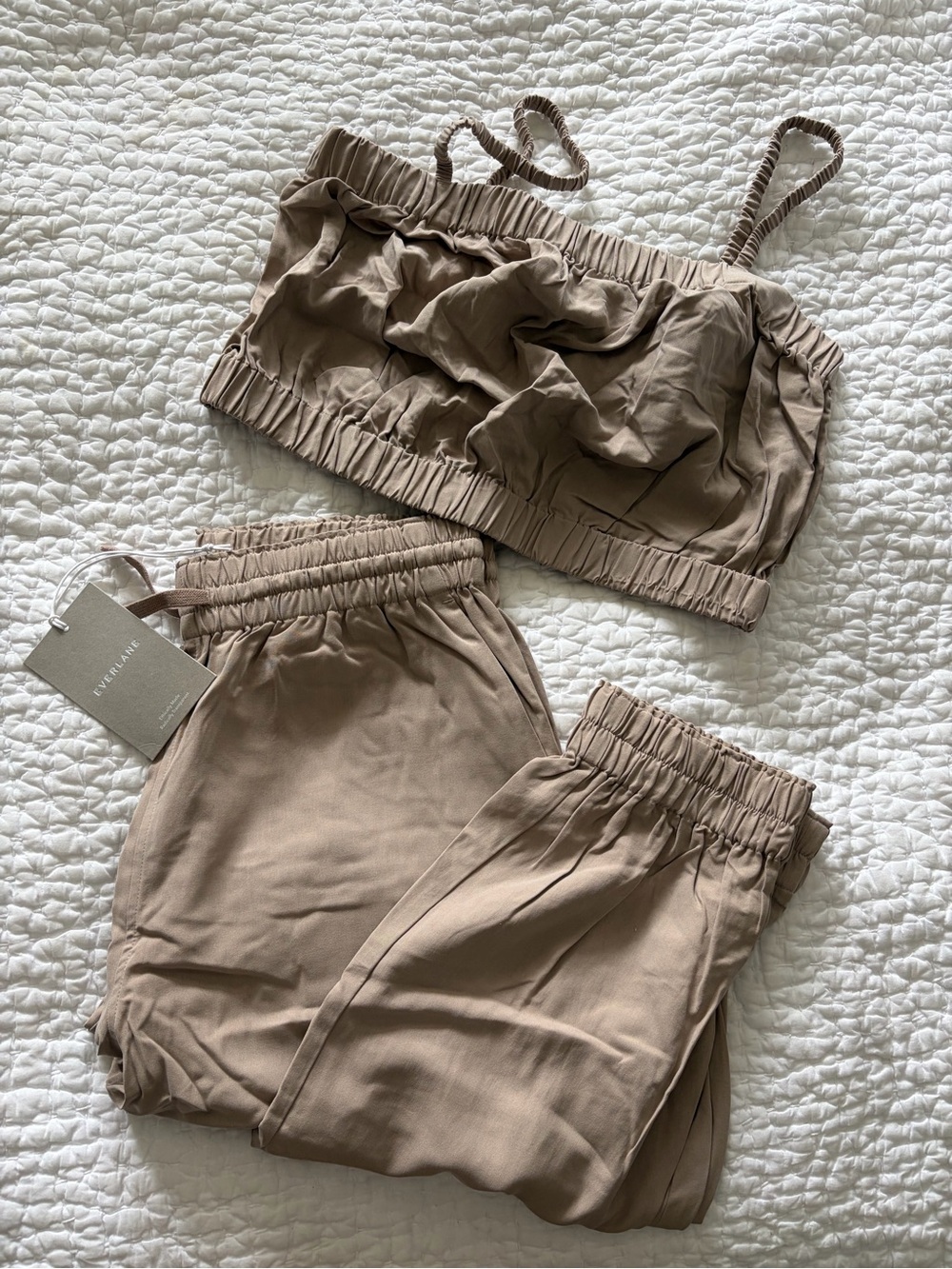 Everlane Women’s Silk Tan Elastic-Waist Harem Pant & Crop Top Set